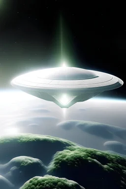 Ufo en pure lumière blanche divine éblouissante, au dessus de la planète terre, en forme de losange à plusieurs facettes, diamant, divin
