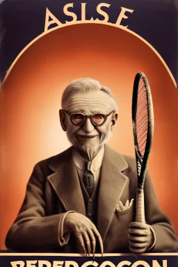 old man in 1928 poster advertising racoon tennis, raccons flying in air between tennis rackets while humans::4 use them as a tennis ball, evil, crazy