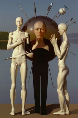 dusk landscape with lake,boat and human body, universe-like Soap Bubble,complex surgical instruments mixed with human body-like musical instruments,minimalism,Painting By Adrian Ghenie, Rene Magritte, Salvador Dali, Lucian Freud