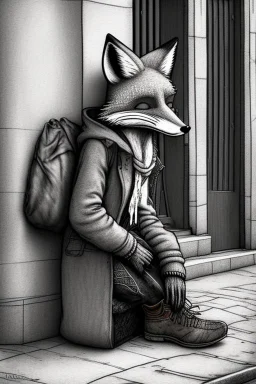 One single mature homeless fox with worn out clothes, sitting in a corner on the street, guitar standing on the left side, Vienna, mourning, model style, hyper realistic, extremely accurate, delicate, extremely detailed, Graphic novel style, wide-angle, open aperture, superfine pencil