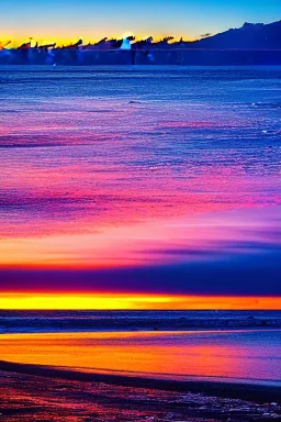 Brilliant sunset at a snow covered icy Waikiki Beach in Honolulu Hawaii covered in winter snow and ice at sunset, alcohol inks, dazzling wet bright colors, winter wonderland