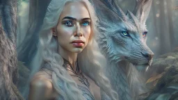 whole body image of beautiful Daenerys Targaryen from Game of Thrones in a mystical enchanted forest standing next to Drogo the dragon, HD 8K, sharp detail, hyperrealistic photo accurate face and features, cinematic lighting