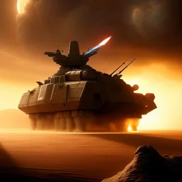 volumetric dramatic desert Battle scene with futuristic hovering military armored Hovercraft painted by chris foss, floating, 4k, 8k, Minutiae, highly detailed, rivets, pennant, hovering, stripes, sunset [duststorm, nimbus clouds]