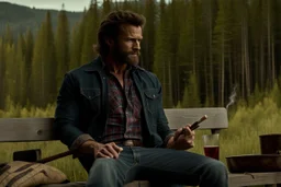Still frame of Jared Keeso as Marvel's Wolverine in a new movie. He is wearing jeans, and a flannel shirt and smoking a cigar.
