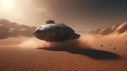 highly detailed spaceship flying through the dessert on mars, image capturing the dynamic and implied movement, establishing shot, menace coming, sand - storm, mars desert, peach light, movie still, Phantom High-Speed Camera style raw