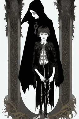 7 year old boy, necromancer, friendly, looks dead,with a long lamprey emerging from his belly , wearing black robes, in the style of Harry Clarke