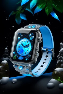 Create a scene where the iced-out Apple Watch is encased in a frozen tableau, surrounded by icy elements like frosty leaves or snowflakes, emphasizing its cool and captivating presence.
