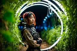 Unground solar punk tunnels, cinematic, dof background a, dystopian, sci-fi, award-winning, Yui working hard in a garden, National Geographic, breath taking, oxygen farm but outside is a desert, fantasy, magical