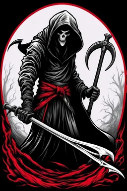 hooded Grim-Reaper gripping scythe, vignette, black and white graphic novel style with a red outline, and black background,