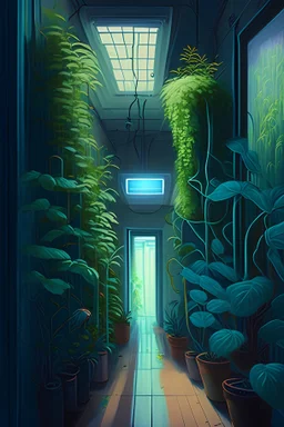 painting of corridor full of plants and windows with several sensors plugged everywhere