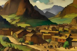 A brown old Western town on the mountains painted by Paul Gauguin