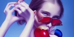 An elegant face of Scarlett Leithold intense red lips with sky glasses backlit blue and red light