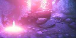 single pink crystal, on an altar in a foggy cave, cinematic,