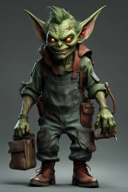 4K image, neutral grey background, photorealistic digital art style, image of a green goblin in overalls made of greasy dirty rags, oversized leather work boots, carrying a dirty wooden tool case filled with random hand tools, very large pointy ears, small beady red eyes, head is wider than it is tall, has a devious grin,beat up cap on head, primate body proportions and posture, nose very long large, bald, Tony DiTerlizzi artstyle, Warhamer 40K grot style