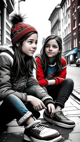 iki kız beraber sokakta oturuyorlar yaşları daha büyük liseliler