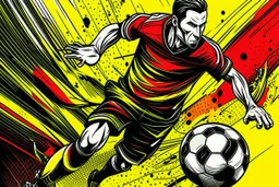 Classic [soccer player with a ball] bursting through the screen, thick black outlines, comic book aesthetic, dark [yelow and red] background infusing towards the edges, creating an illusion of motion, dramatic lighting, digital illustration, ultra vibrant colors