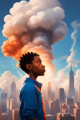 portrait in profile of a young African American boy with an orange conedison his head. Large clouds of steam rise from the end of the cone on his head. With New York in the background. Made in the style of "Spider-Man: Into the Spider-Verse"