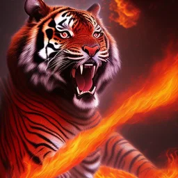 smooth hyper realistic, beautiful Japanese burning lava tiger battle with knight in crown, pale colors, dark cosmos background, extremely sharp detail, finely tuned detail, ultra high definition, 8 k, unreal engine 5, ultra sharp focus, accurate sword wings, positive smile, lot of details, fit within portrait, Ambiance winter, perfect composition, perfect hair, perfect hands, finger up gestures