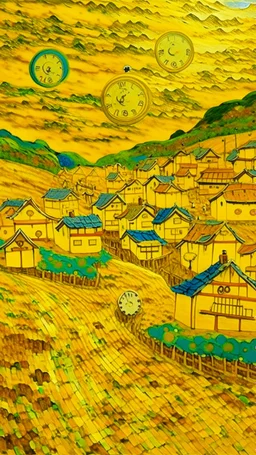 A golden yellow Japanese village with mystic clocks painted by Vincent van Gogh