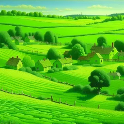 A lime green village near a field painted by Frank Wilson