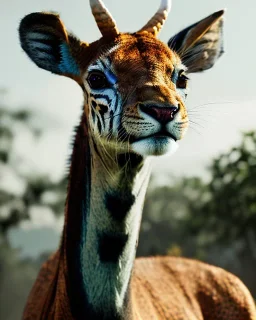 Close up photo of realistic exotic beautiful animal creature with the full head , high quality, very detailed, masterpiece, 8k,uhd,vfx,artstation,very epic, perfect anatomy,beautiful environment , tigered with colores of the peacock