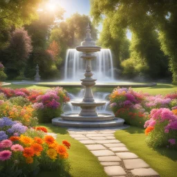 A romantic, bright place with a bench and fountain, lots of colorful flowers all on a sunny meadow. Water flows from the fountain