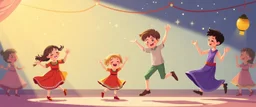 illustration of preschool children playing and dancing. fantastic lighting, chaabi children's book proportions