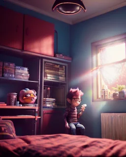 Boy room scene with color hair monster, Steven Spielberg style, realistic photo, sweet, concept art, smooth, unreal engine 5, god lights, ray tracing, RTX, lumen lighting, ultra detail, volumetric lighting, 3d.