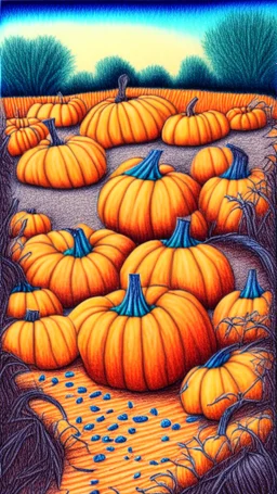 pencil drawing with colored pencils of a pumpkin patch, colorful