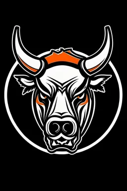 angry bull-terrier hockey logo, thick lines, vector simplified, black white and orange