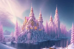  white pink and gold crystal castle，waterfall, winter snow flakessnow, northern Lights, full of details, smooth, bright sunshine，soft light pink atmosphere,pink sky, light effect，vaporwave colorful, concept art, smooth, extremely sharp detail, finely tuned detail, ultra high definition, 8 k, unreal engine 5, ultra sharp focus