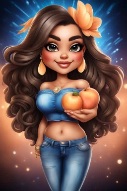 create an airbrush illustration of a chibi cartoon curvy polynesian female wearing Tight blue jeans and a peach off the shoulder blouse. Prominent make up with long lashes and hazel eyes. She is wearing brown feather earrings. Highly detailed long black shiny wavy hair that's flowing to the side. Background of a night club.