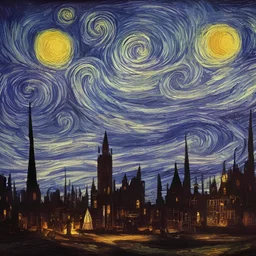 gothic painting of a victorian city in a fantasy starry night