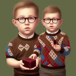 peter billingsley chubby kid with glasses, holding a ((Dark red))soap bar, ((brown))argyle sweater