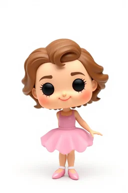 Funko figure of a very young female, smiling, medium wavy light brown hair, wearing a ballerina dress, pink dress, ballet, very cute, ballet pose,. typography, 3D render. White background
