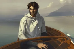 Modern man in a boat wearing hoodie by Andrea del Sarto