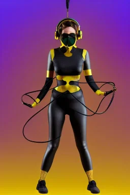 Realistic photograph. Geometric 3D tiling on the background, woman, Whip. Bronze color, Yellow, Black Cyan. Cyber-punk full-mask. Big old AKG headphones, golden rings & disc. Selfie both hands. Lightly armored, electronic circuit. Thick tights, thick calves, bend fell, wide hip, flat belly. Ancient artifact cables between. Perfect body. Matrix movie clothes, Silver leather area, tippet, latex. Wicked sneakers. Daft Punk, Tron Movie. Egyptian Haute Couture. 1990's. Light comes from right-front