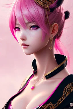 Detailed cute anime Kunoichi girl, pink hair buns, pink bangs, black latex bodysuit, intricate details, full body portrait, keep head in frame, slight smile, black Japanese motif, concept art, highly detailed, digital painting, concept art, sharp focus, illustration, art by Yoji Shinkawa, WLOP and greg rutkowski and alphonse mucha and artgerm and yanjun Chen and Junji ito and Makoto Shinkai, HDR, octane render