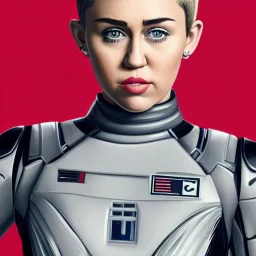 Miley Cyrus, star wars uniform, gray uniform, movie poster, heroic gaze, hair bun, wide angle lens, full torso, intricate, detailed, hand-painted, realistic, perspective from below