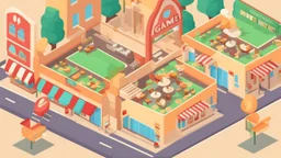 illustration for game. vector isometric 3d style. HD. a lot of restaurants per block as a city.