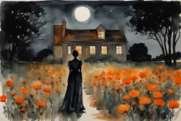 Night, one woman, orange flowers, gothic horror movies influence, distant house, epic, winslow homer watercolor paintings