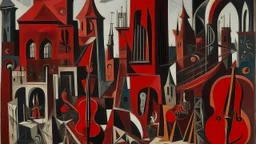 A dark red city made out of jazz instruments painted by Pablo Picasso