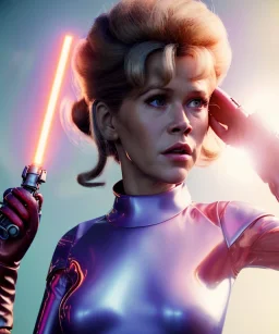 Ultra Realistic retro sci-fi portrait image from 1960, spaceship, sweet young Jane Fonda, dress with tight latex suit, lightsaber, soft color, highly detailed, unreal engine 5, ray tracing, RTX, lumen lighting, ultra detail, volumetric lighting, 3d, finely drawn, high definition, high resolution.