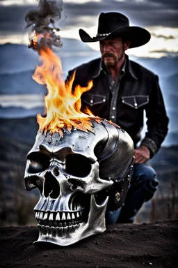 Cowboy with a flaming skull for a head, photograph