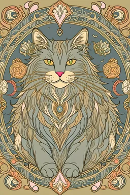 grey norwegian forest cat in the style of mucha