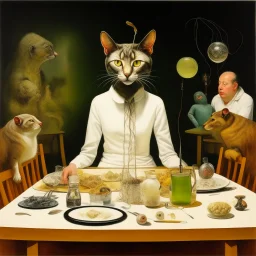 UN conference.a cat and human flesh-like surgical instruments and universe-like a pigeon and neuralink, surrealism,minimalism,Painting By Adrian Ghenie, Rene Magritte, Salvador Dali, Lucian Freud