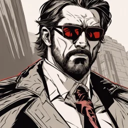 a young man with big muscles who looks like hans gruber wearing a heavy coat and red sunglasses staring with an angry look on his face