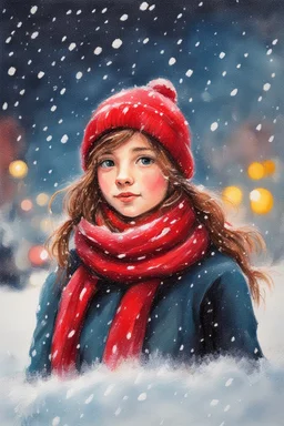 Painting of a cute girl in a red hat and scarf, snowfall in the background, bright night, oil pastel painting style