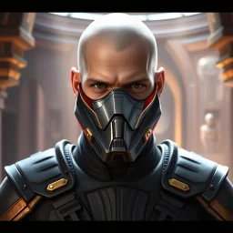 star wars bald male corellian jedi wearing gunmetal grey and black old republic armored flightsuit and breath mask with gold and metallic red trim inside the jedi temple, centered head and shoulders portrait, hyperdetailed, dynamic lighting, hyperdetailed background, 8k resolution, volumetric lighting, light skin, fully symmetric details