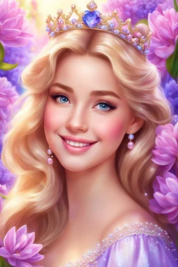 Adorable digital painting of a beautiful young girl fully dressed in gorgeous sparkling pearls, portrait of Rapunzel, sparkling crown, front view, beautiful smile, long shiny golden hair, blue eyes, beautiful face, rosy cheeks, lips Shiny pink, Rapunzel's face, digital art, surrounded by pink and purple hyacinth flowers, heavenly garden in the background, romantic style, dream world, high quality, 4k